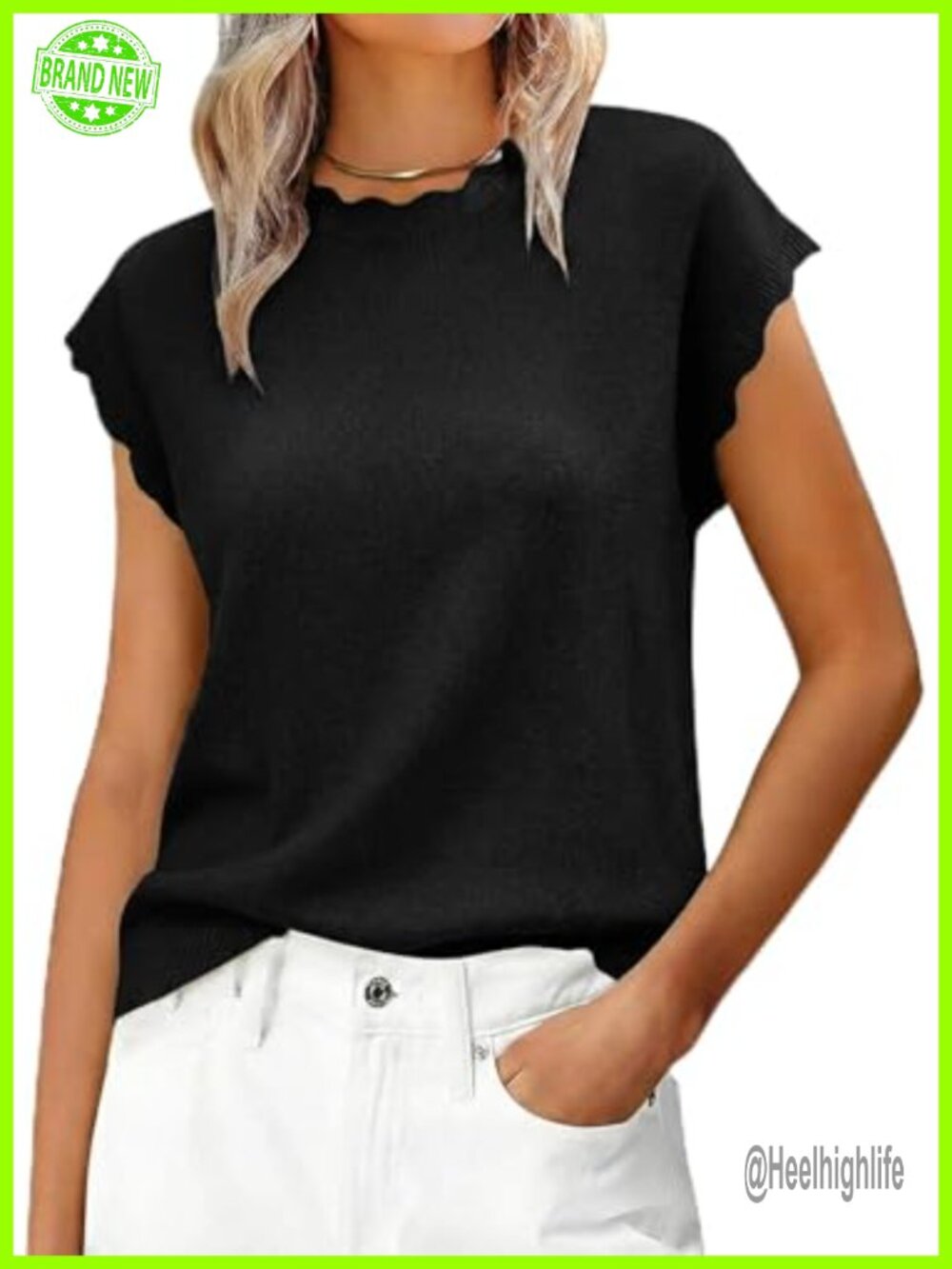 Women Summer Cap Sleeve Lightweight Knit Pullover Scallop Wavy